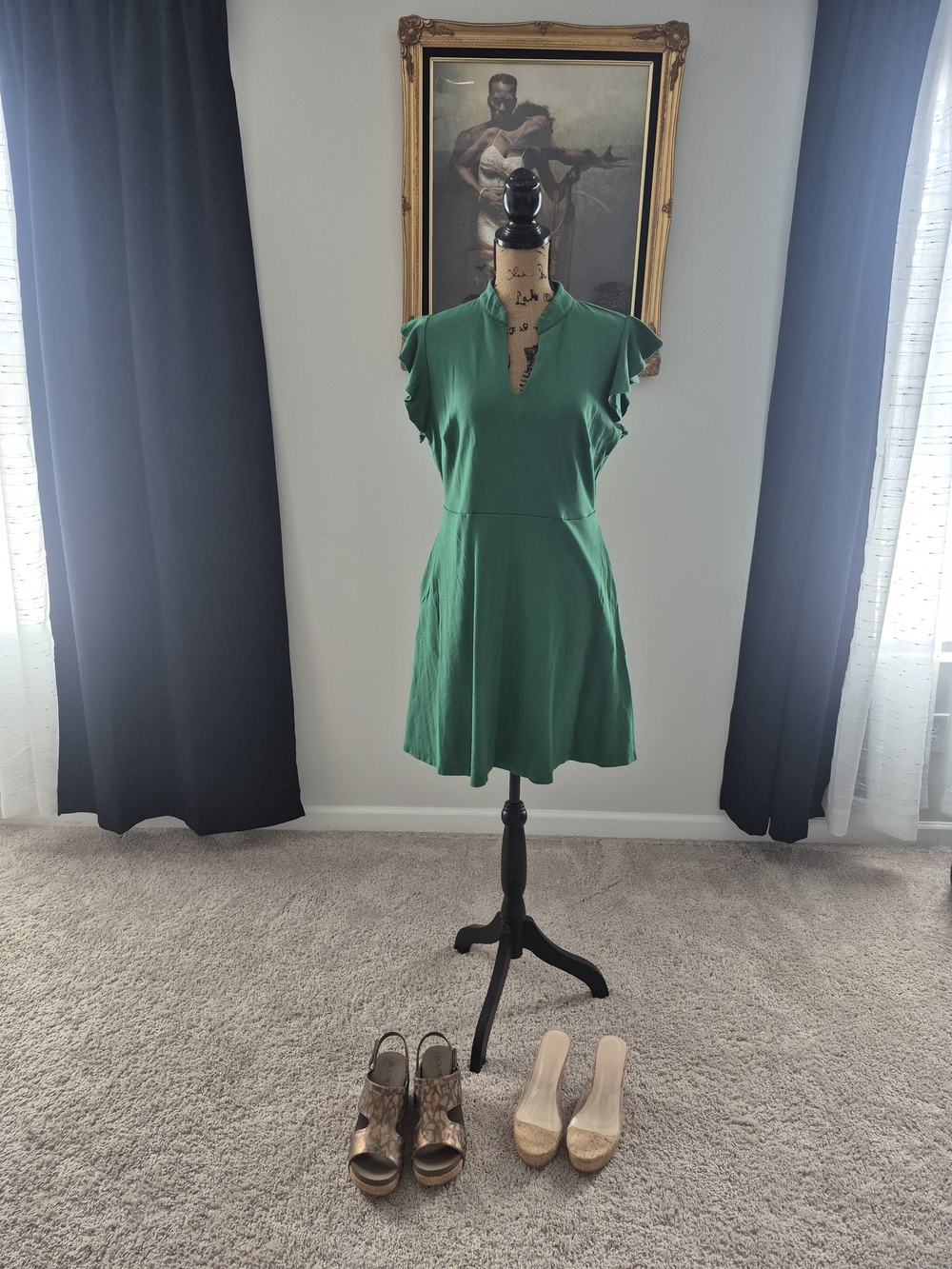 & Other Stories Emerald V-Neck Ruffle Sleeve Midi Dress